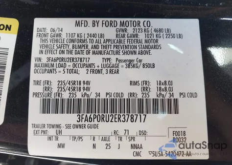2014 Ford Fusion Hybrid Titanium z USA, uszkodzony, nr VIN 3FA6P0RU2ER378717
